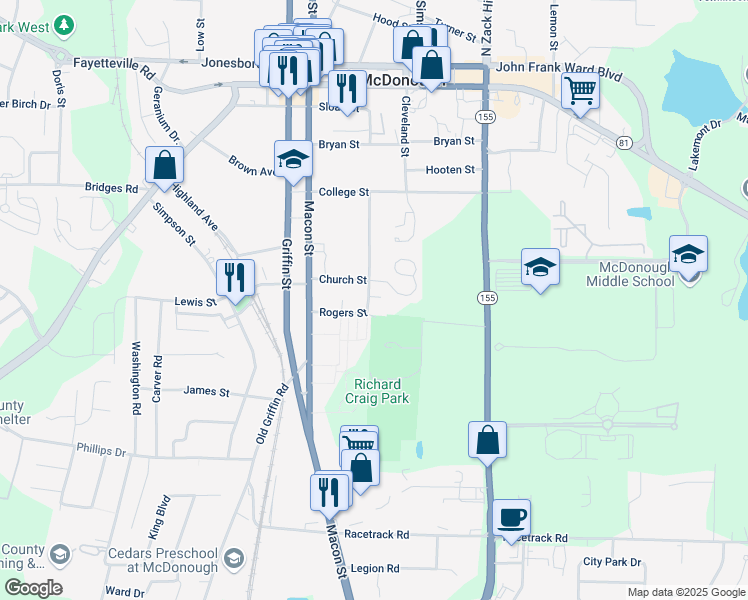 map of restaurants, bars, coffee shops, grocery stores, and more near 300 Rogers Street in McDonough