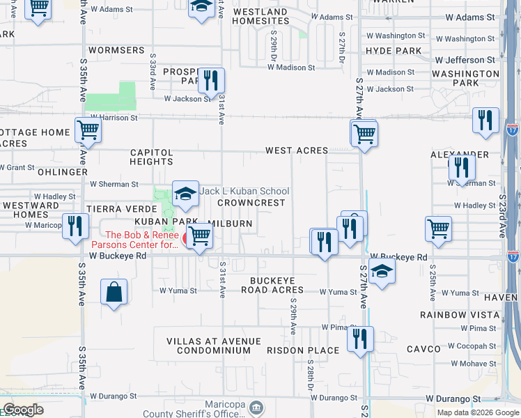 map of restaurants, bars, coffee shops, grocery stores, and more near 825 South 30th Avenue in Phoenix