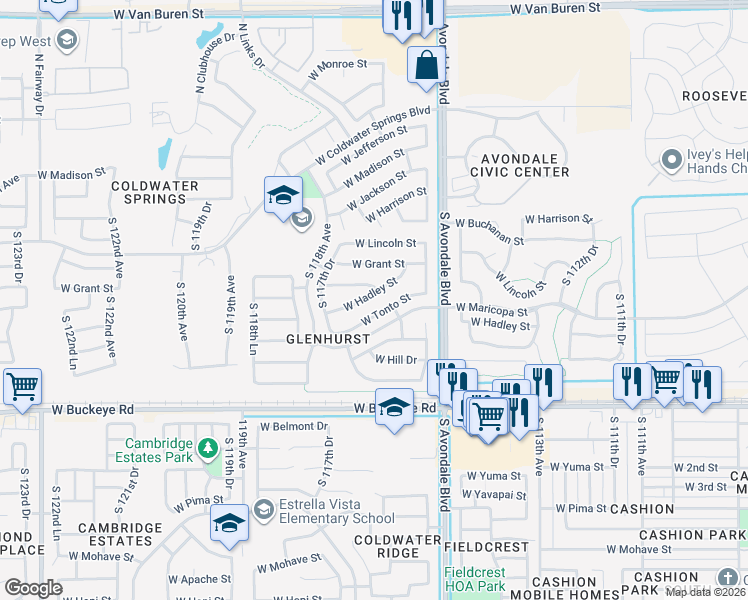 map of restaurants, bars, coffee shops, grocery stores, and more near 11709 West Hadley Street in Avondale