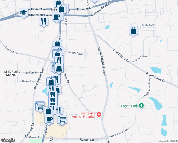 map of restaurants, bars, coffee shops, grocery stores, and more near 190 Laurien Street in Fayetteville