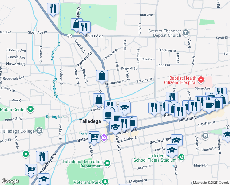 map of restaurants, bars, coffee shops, grocery stores, and more near in Talladega