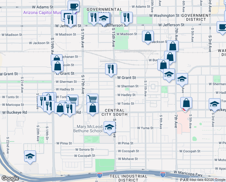 map of restaurants, bars, coffee shops, grocery stores, and more near 1510 West Hadley Street in Phoenix