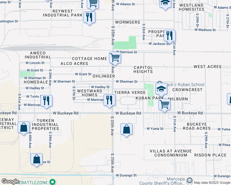 map of restaurants, bars, coffee shops, grocery stores, and more near 901 South 35th Avenue in Phoenix