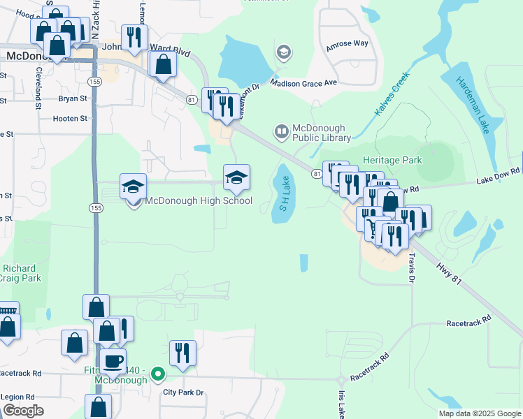 map of restaurants, bars, coffee shops, grocery stores, and more near 88 Angie Drive in McDonough