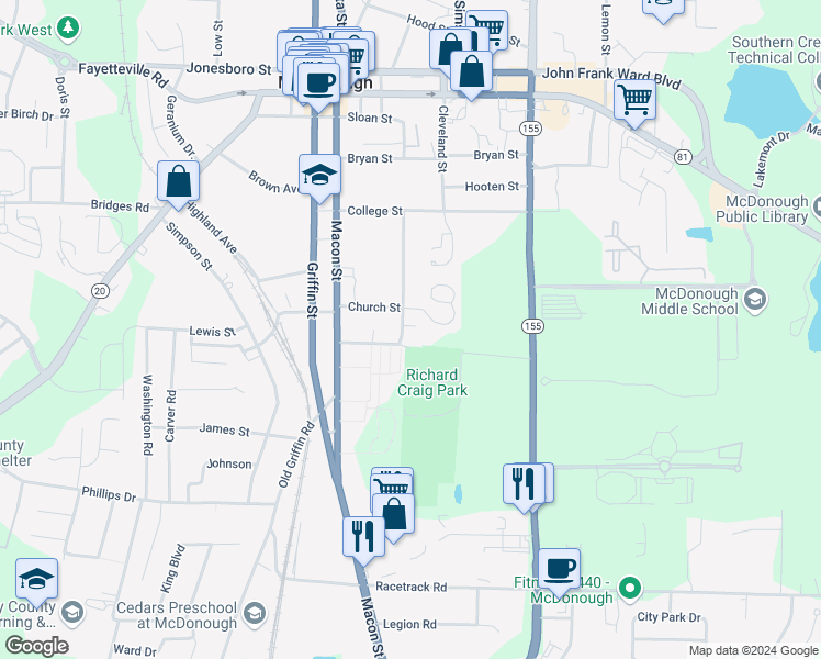 map of restaurants, bars, coffee shops, grocery stores, and more near 303 Rogers Street in McDonough
