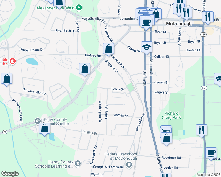 map of restaurants, bars, coffee shops, grocery stores, and more near 41 Payne Drive in McDonough