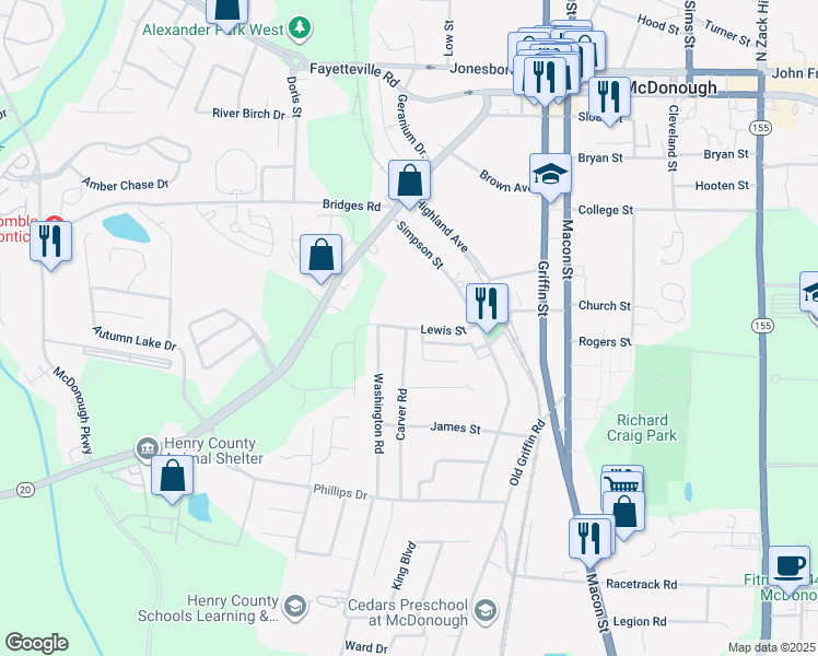 map of restaurants, bars, coffee shops, grocery stores, and more near 41 Payne Drive in McDonough