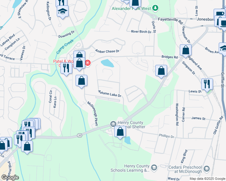 map of restaurants, bars, coffee shops, grocery stores, and more near 420 Autumn Lake Court in McDonough
