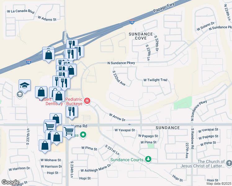map of restaurants, bars, coffee shops, grocery stores, and more near 23190 West Antelope Trail in Buckeye