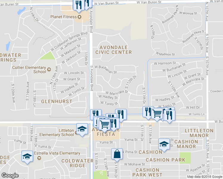 map of restaurants, bars, coffee shops, grocery stores, and more near 11349 West Lincoln Street in Avondale