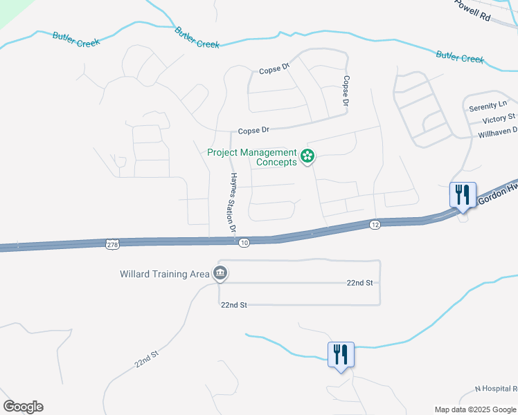 map of restaurants, bars, coffee shops, grocery stores, and more near 1156 Rosland Circle in Augusta
