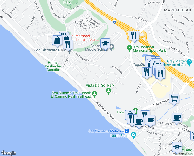 map of restaurants, bars, coffee shops, grocery stores, and more near 114 Via Velazquez in San Clemente