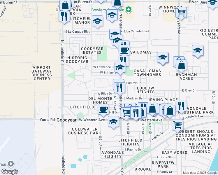 map of restaurants, bars, coffee shops, grocery stores, and more near 404 North 2nd Avenue in Avondale