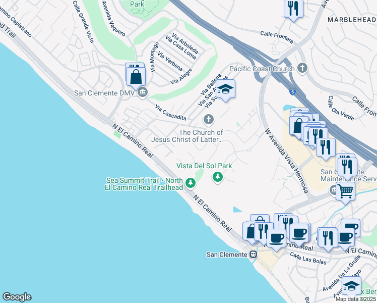 map of restaurants, bars, coffee shops, grocery stores, and more near 104 Via Murillo in San Clemente