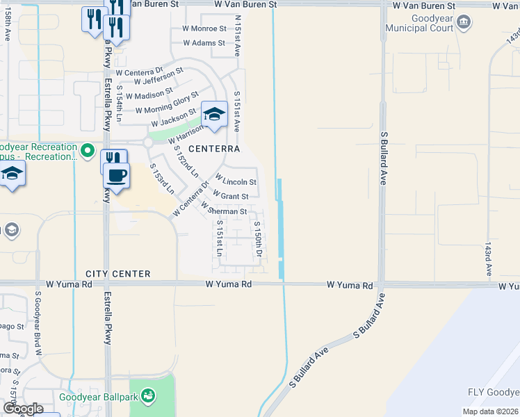 map of restaurants, bars, coffee shops, grocery stores, and more near 779 South 150th Drive in Goodyear