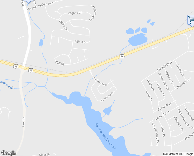 map of restaurants, bars, coffee shops, grocery stores, and more near 2410 Belfair Lakes in Augusta