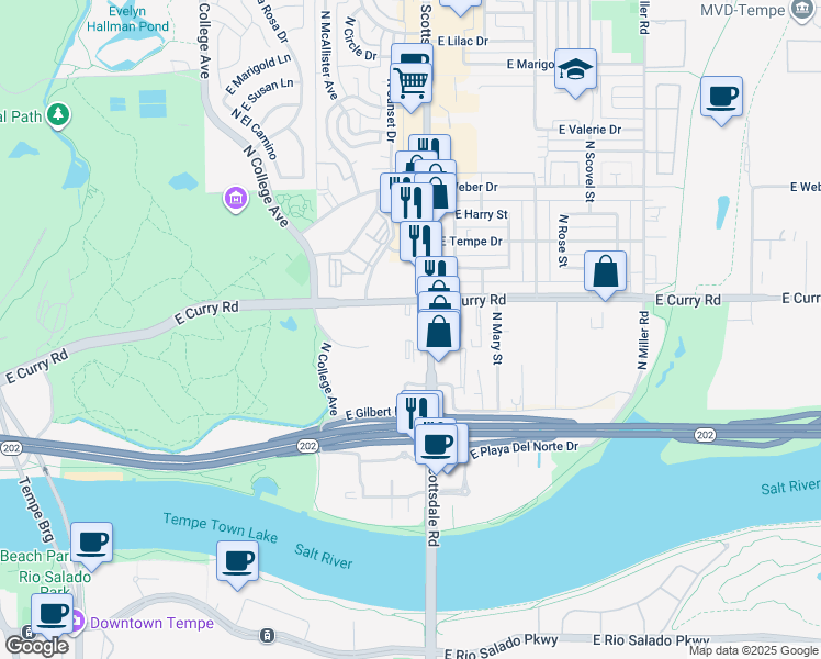 map of restaurants, bars, coffee shops, grocery stores, and more near 914 North Scottsdale Road in Tempe