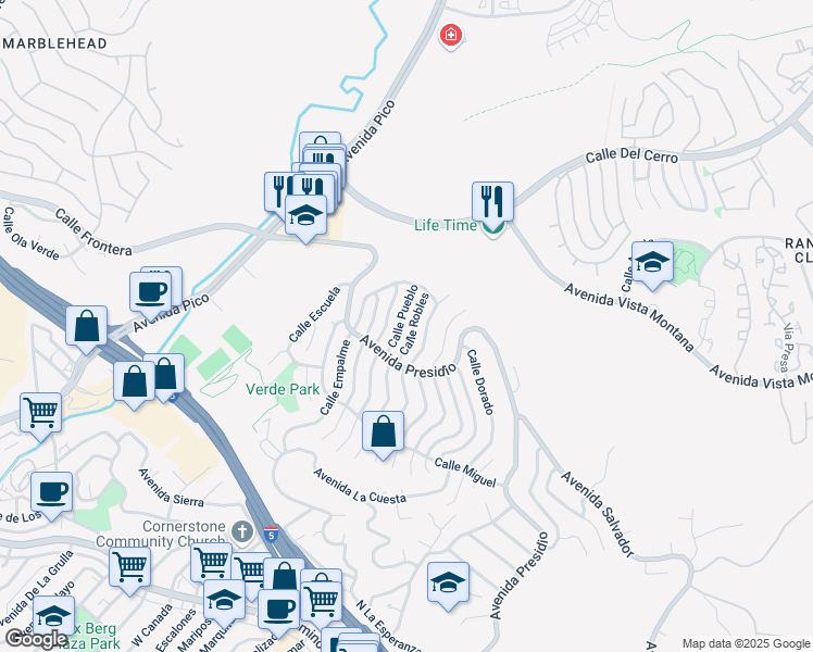 map of restaurants, bars, coffee shops, grocery stores, and more near 415 Calle Robles in San Clemente