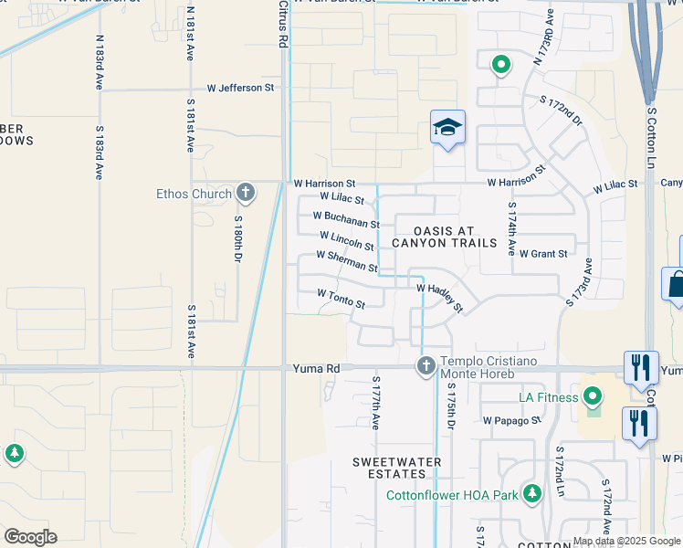 map of restaurants, bars, coffee shops, grocery stores, and more near 17786 West Hadley Street in Goodyear