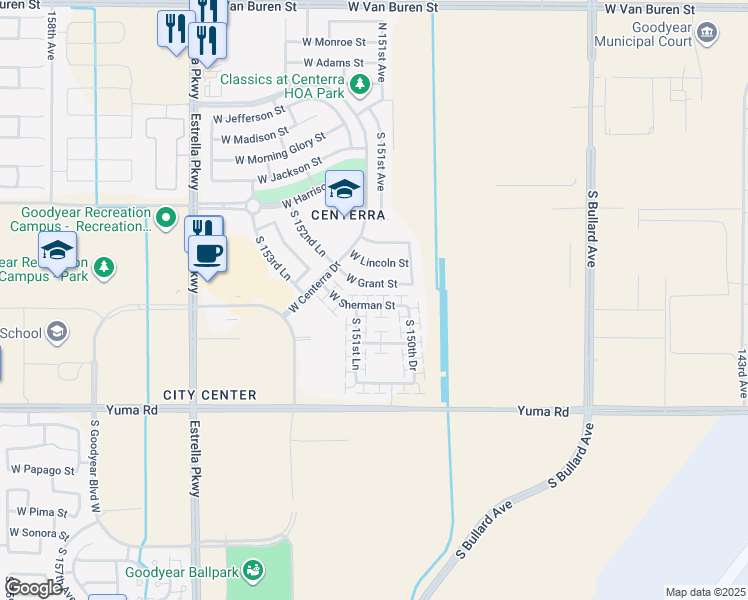map of restaurants, bars, coffee shops, grocery stores, and more near 15126 West Sherman Street in Goodyear
