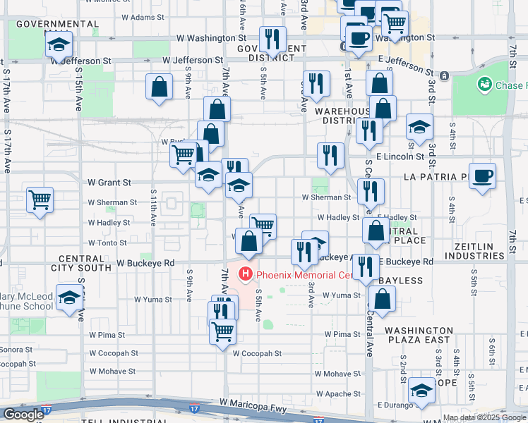 map of restaurants, bars, coffee shops, grocery stores, and more near 817 South 5th Avenue in Phoenix