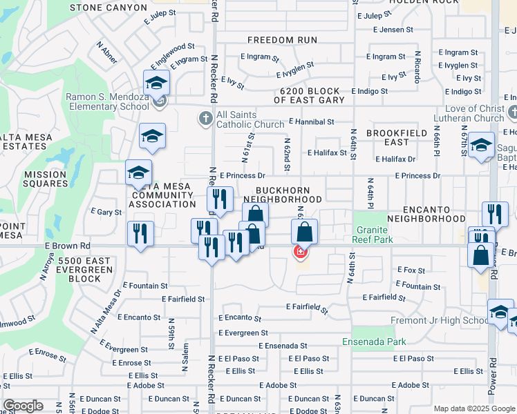 map of restaurants, bars, coffee shops, grocery stores, and more near 1304 North 61st Place in Mesa