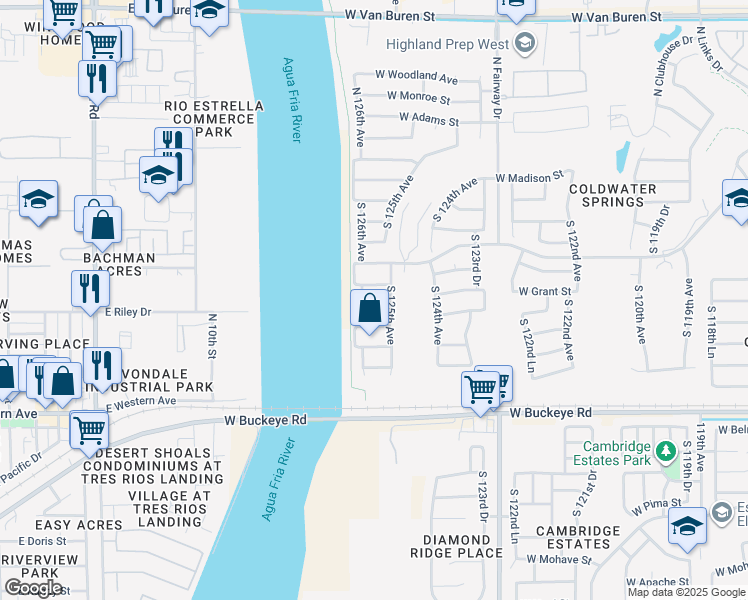 map of restaurants, bars, coffee shops, grocery stores, and more near 12514 West Grant Street in Avondale