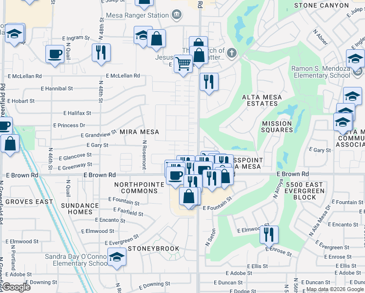 map of restaurants, bars, coffee shops, grocery stores, and more near 1318 North Balboa in Mesa