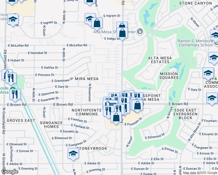 map of restaurants, bars, coffee shops, grocery stores, and more near 1316 North Banning in Mesa