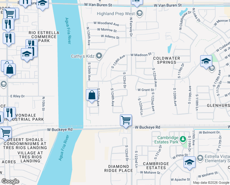 map of restaurants, bars, coffee shops, grocery stores, and more near 12387 West Grant Street in Avondale