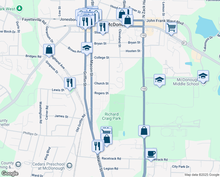 map of restaurants, bars, coffee shops, grocery stores, and more near 300 Rogers Street in McDonough