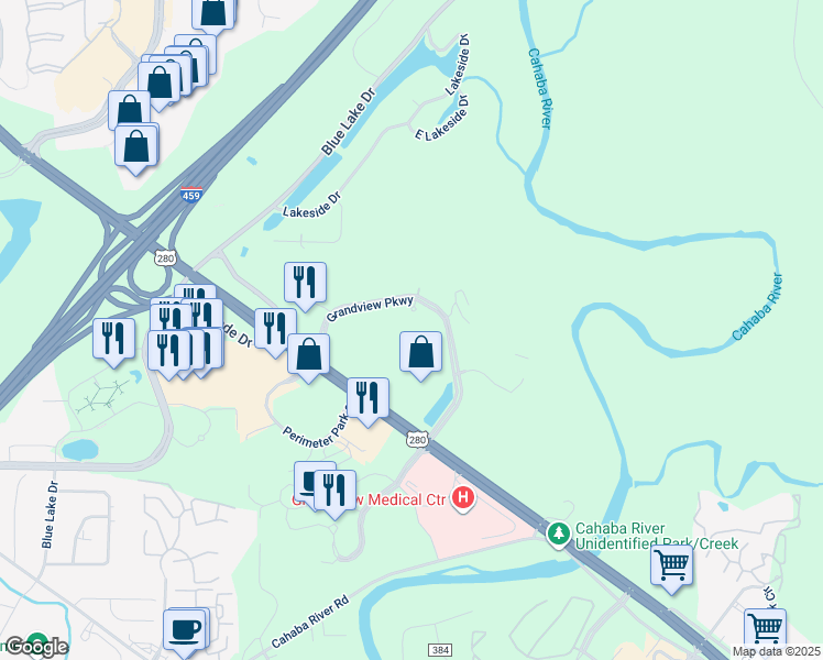 map of restaurants, bars, coffee shops, grocery stores, and more near 3555 Grandview Parkway in Birmingham