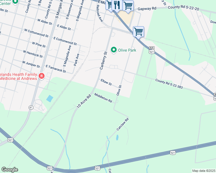 map of restaurants, bars, coffee shops, grocery stores, and more near 108 Eltaw Street in Andrews