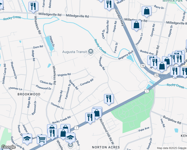 map of restaurants, bars, coffee shops, grocery stores, and more near 2412 Jennings Road in Augusta