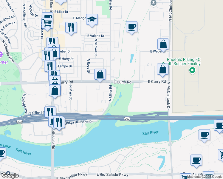 map of restaurants, bars, coffee shops, grocery stores, and more near 909 North Miller Road in Tempe