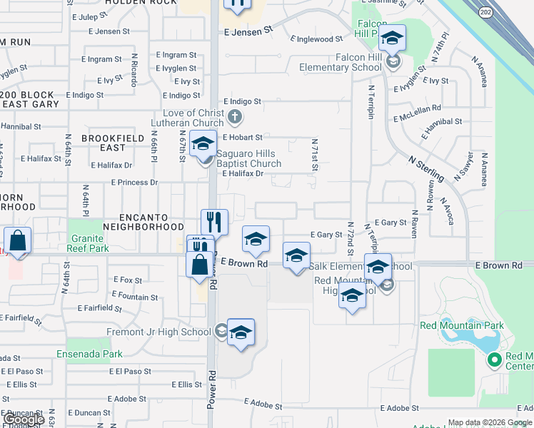 map of restaurants, bars, coffee shops, grocery stores, and more near 6940 East Grandview Street in Mesa