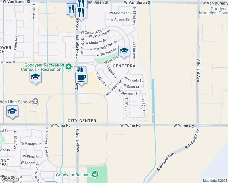 map of restaurants, bars, coffee shops, grocery stores, and more near 15263 West Sherman Street in Goodyear