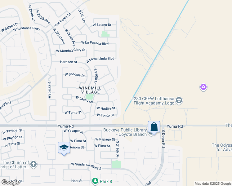 map of restaurants, bars, coffee shops, grocery stores, and more near 21943 West Antelope Trail in Buckeye