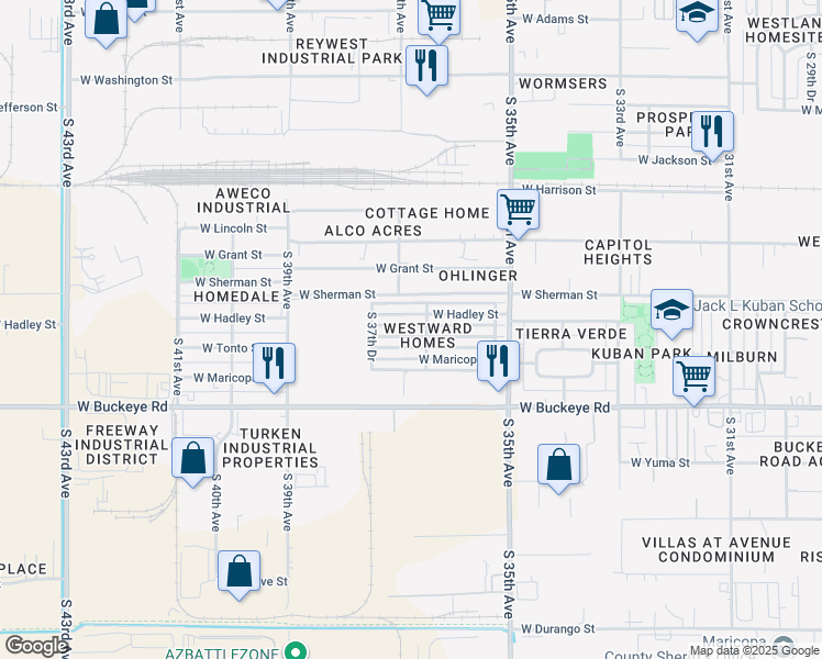 map of restaurants, bars, coffee shops, grocery stores, and more near 3636 West Tonto Street in Phoenix