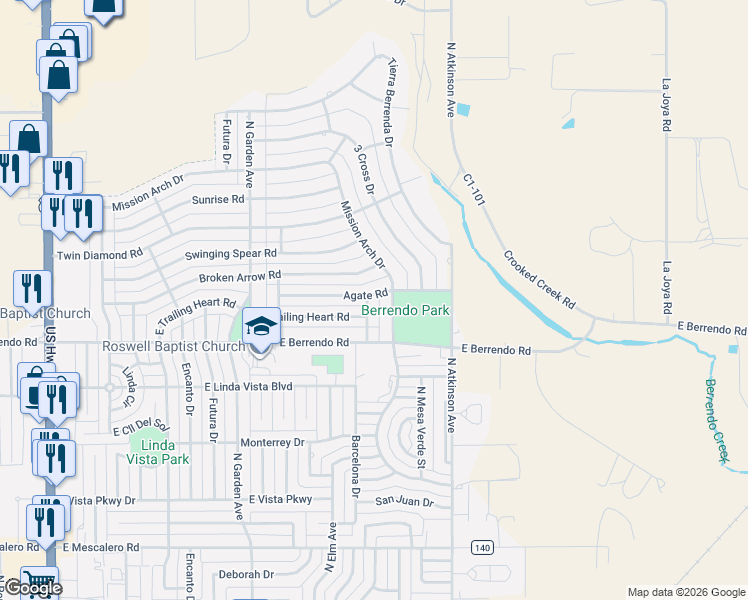 map of restaurants, bars, coffee shops, grocery stores, and more near 3301-3499 N Flint Ave in Roswell