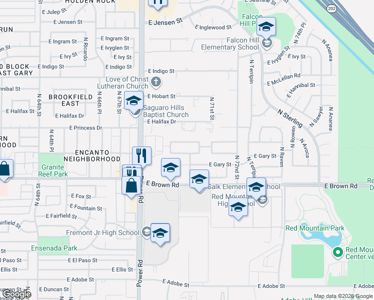 map of restaurants, bars, coffee shops, grocery stores, and more near 6940 East Grandview Street in Mesa