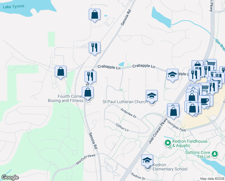 map of restaurants, bars, coffee shops, grocery stores, and more near 202 Briarleigh Drive in Peachtree City