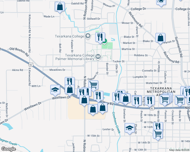 map of restaurants, bars, coffee shops, grocery stores, and more near 2222 Oaklawn Drive in Texarkana