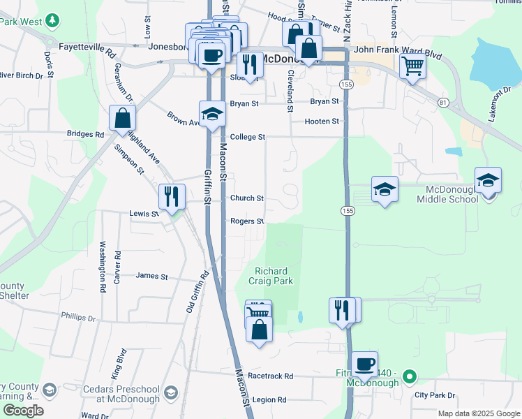 map of restaurants, bars, coffee shops, grocery stores, and more near 303 Rogers Street in McDonough