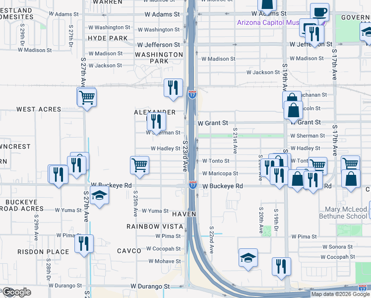 map of restaurants, bars, coffee shops, grocery stores, and more near 902 South 23rd Avenue in Phoenix