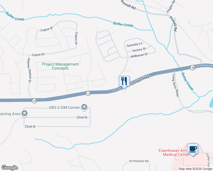 map of restaurants, bars, coffee shops, grocery stores, and more near 176 Sims Court in Augusta