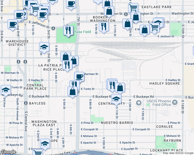 map of restaurants, bars, coffee shops, grocery stores, and more near 811 South 9th Place in Phoenix