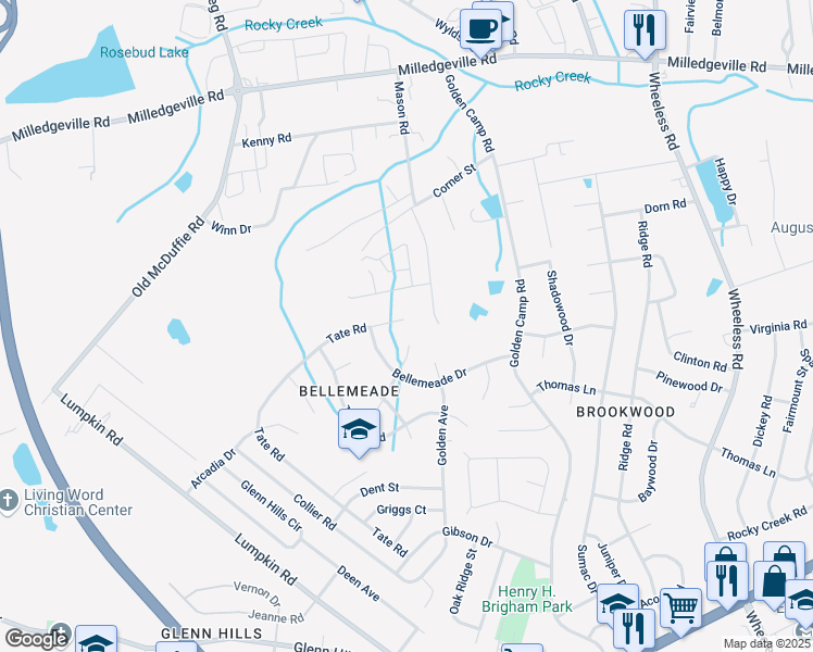 map of restaurants, bars, coffee shops, grocery stores, and more near 3324 Tate Road in Augusta