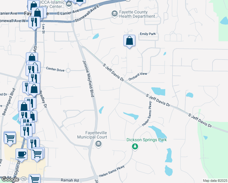 map of restaurants, bars, coffee shops, grocery stores, and more near 110 Linda Way in Fayetteville