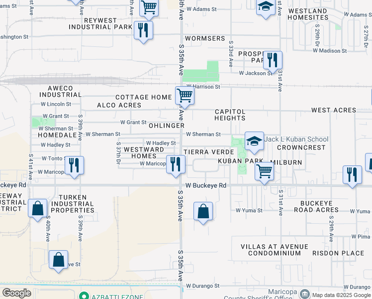 map of restaurants, bars, coffee shops, grocery stores, and more near 901 South 35th Avenue in Phoenix